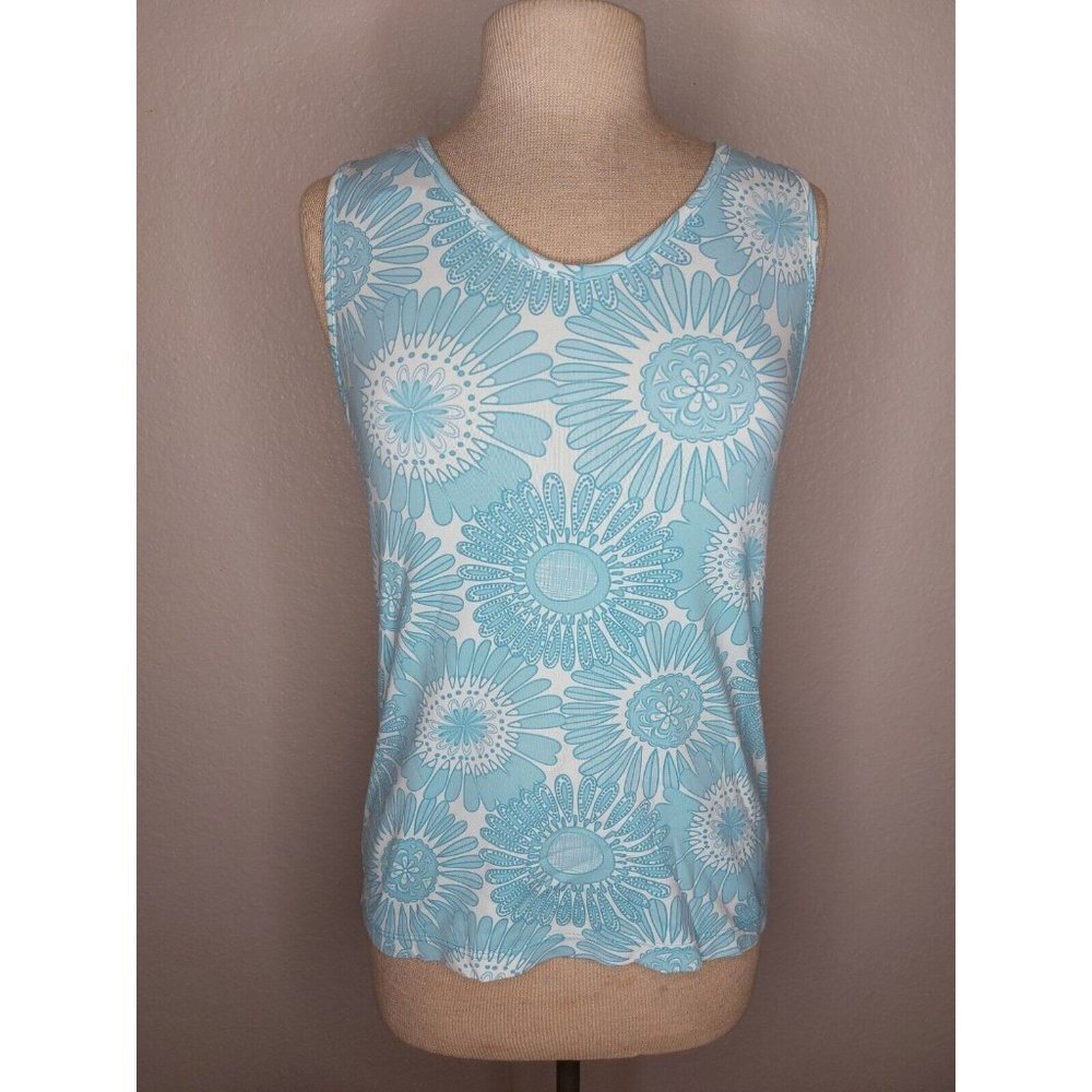LL Bean Womens Medium Tank Top Shirt Stretch Workout Blue and White Print